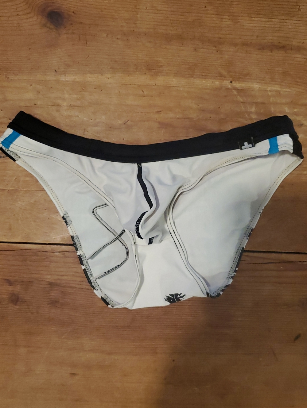 Andrew Christian White Bikini with Black Waistband and Blue Accent
